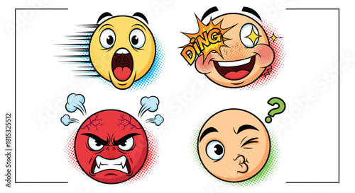 Collection of four cartoon emoji faces expressing different emotions and reactions with various expressions.