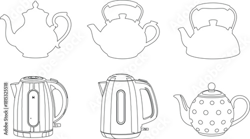 Black and White Outline Illustration Teapots, Kettles, Vintage to Electric, Kitchenware Line Art