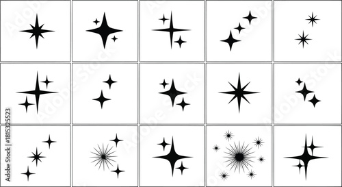 Collection of various star and cross symbols in a grid pattern, each with unique designs and orientations