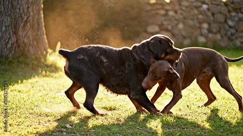 Rottweiler and Doberman dogs playfully interacting outdoors during golden hour.