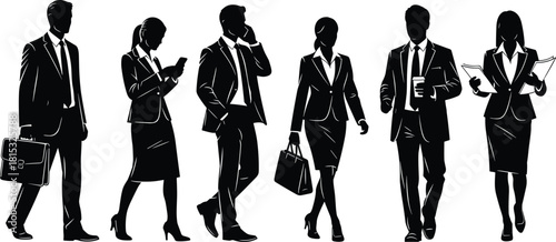 Business professionals walking in silhouette, corporate team illustration, office workers in suits using phone, carrying briefcases, modern business lifestyle concept artwork