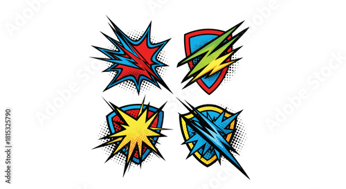 Comic book style illustrations of superhero emblems with lightning bolts and starbursts.