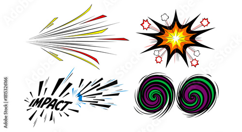 Comic book style effects: speed lines, explosion, impact, and swirls.