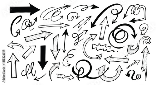 Various black and white arrows and swirls in different shapes and directions