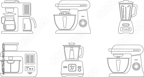 Black and White Outlines of Kitchen Appliances Coffee Maker, Mixers, Blenders, and Food Processor
