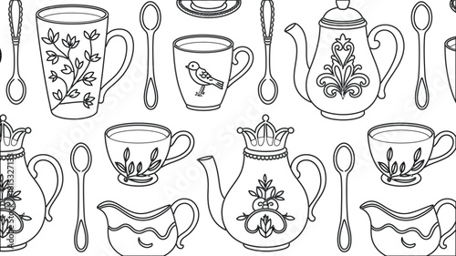 Black and White Tea Set Pattern Teapots, Cups, Spoons, and Pitchers Outline Design