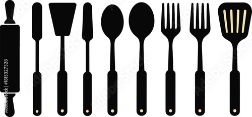 Black Kitchen Utensils Rolling Pin, Spatula, Spoons and Forks Illustration on White