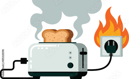 Burning Toaster with Toast, Smoke, and Electrical Fire Kitchen Appliance Malfunction Illustration