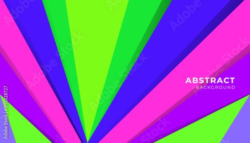 Vibrant abstract background featuring bold geometric rays in neon green, blue, pink, and purple, arranged in a dynamic radial pattern that creates depth, energy, and a modern graphic look suitable for