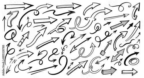 A collection of various black and white arrow icons pointing in different directions and styles, suitable for design and illustration purposes