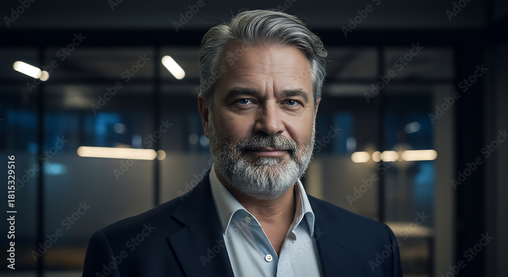 Obraz premium Portrait of a confident, mature businessman with gray hair and beard, in a suit, standing in a modern office