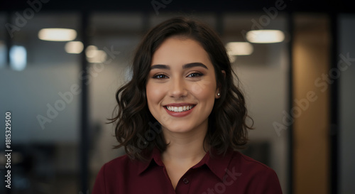 Portrait of a confident young woman with a warm, cheerful smile looking directly at the camera
