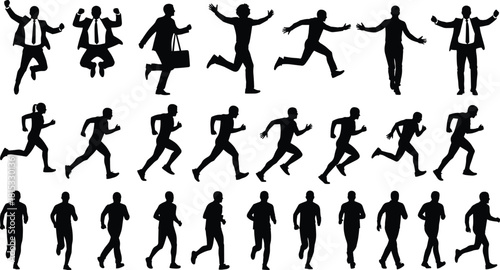 Business people running walking jumping silhouette set, dynamic motion poses collection, corporate activity illustration, black silhouette teamwork concept design