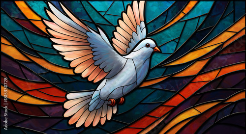 Stained glass illustration of a dove with outstretched wings. Vibrant colors and detailed lines create a sense of movement and peace