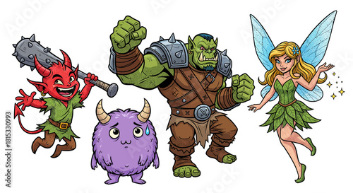 Cartoon fantasy creatures: imp, monster, orc, and fairy with wings.