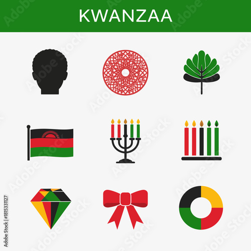 A collection of flat design icons representing various symbols of the Kwanzaa celebration.