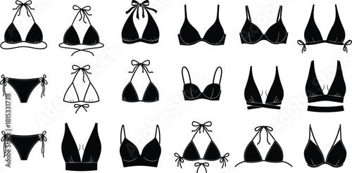 Bikini top illustration set, swimwear design collection, various bra and bikini styles, fashion apparel vector for clothing designers and brands