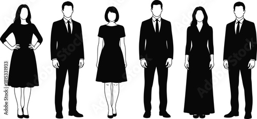 Black and white formal business people silhouettes standing in a row, elegant corporate attire collection, professional male and female vector illustration