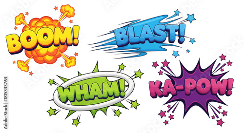 Collection of colorful comic book sound effect words like BOOM, BLAST, WHAM, and KA-POW with explosion graphics.