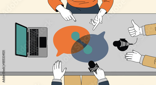 Illustration of people collaborating around a table with a laptop, microphones, and speech bubbles, symbolizing communication and teamwork