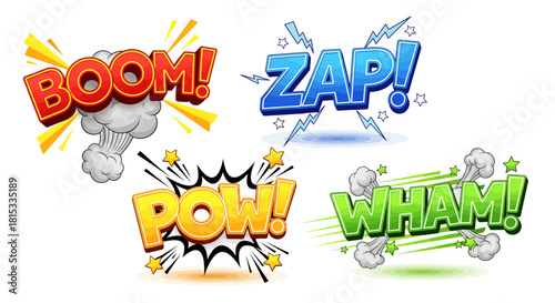 Comic book sound effects, including "BOOM!", "ZAP!", "POW!", and "WHAM!", in vibrant colors.
