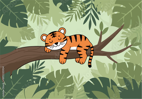 Cute little tiger sleeping peacefully on a tree branch in the jungle, perfect for kids’ book illustration, nursery wall art, cartoon poster, and animal-themed merchandise