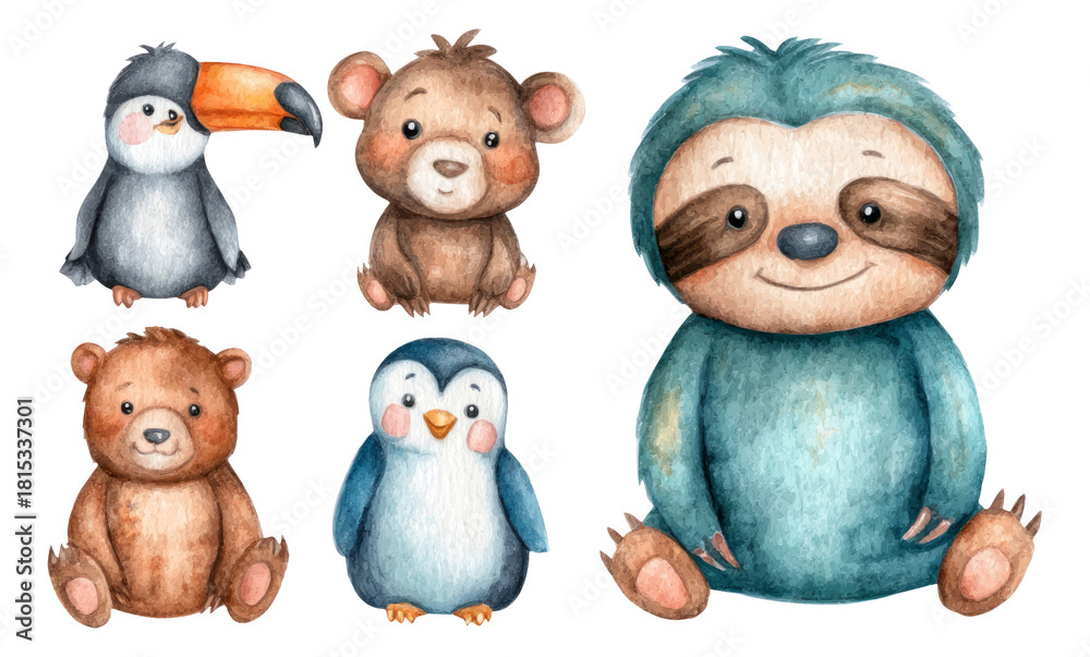 Fototapeta premium Adorable Tropical Forest Babies in Watercolor Illustration for Delightful Designs