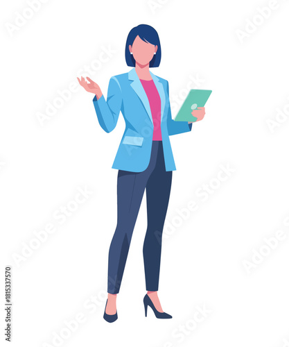 Modern businesswoman holding tablet presenting ideas, a confident professional ready to impress in the boardroom or during a dynamic pitch, exuding leadership