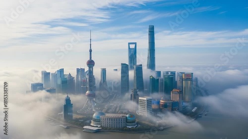 Aerial city skyline modern architecture skyscraper view urban cloud fog breathtaking panorama majestic vista ambition possibility