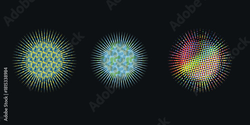 Three abstract geometric shapes with radiating lines create a visually dynamic and modern composition on