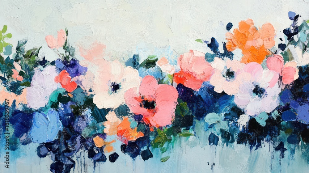 Fototapeta premium Colorful floral painting, abstract style, light blue background, home decor