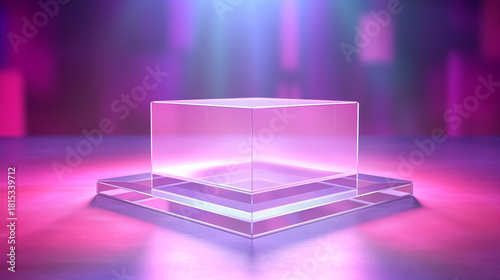 Vibrant Pink Purple Glowing Transparent Glass Cube Podium on Sleek Futuristic Display Stage for Product Showcase or Abstract Background