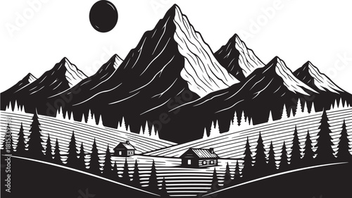 Black and White Woodcut Style Mountain Landscape with Small Cabins and Sun mountains