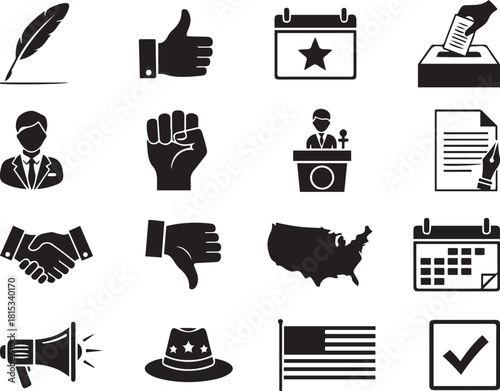 Collection of sixteen black and white icons related to elections and voting symbol