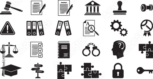 Collection of twenty black and white icons representing law justice and education