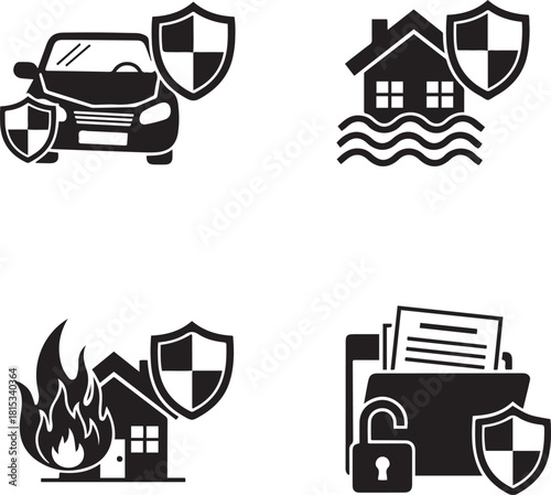 Insurance Icons for Car, Home, Flood, Fire, and Data Security vector illustration