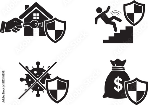 Insurance Icons Representing Home Safety Financial Security and Health Protection