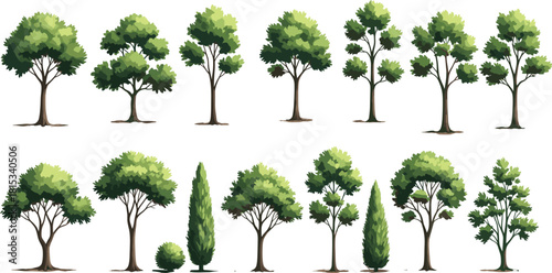 Vector collection of green forest trees and cypress for landscape architecture, nature background, and game design environment assets.