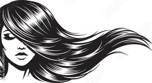Stylized Black And White Illustration Of A Woman With Flowing Hair long