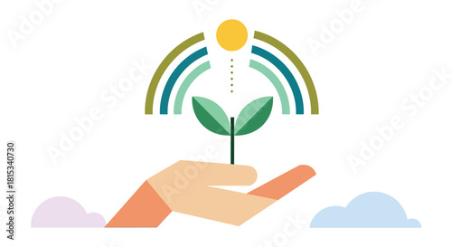 A hand gently cradles a sprouting plant under a rainbow and sun, symbolizing growth, hope, and environmental care
