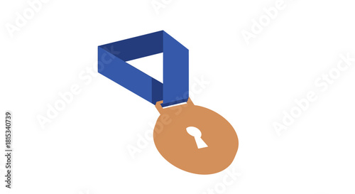 A bronze medal with a keyhole in the center, hanging from a blue ribbon, isolated on