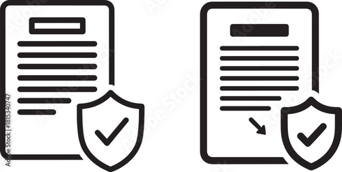 Two icons of documents with shields and checkmarks symbolizing verified or approved contracts