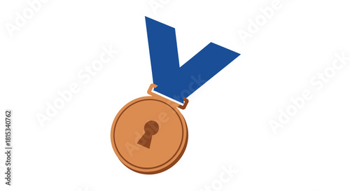 A bronze medal with a keyhole in the center, hanging from a blue ribbon, isolated on