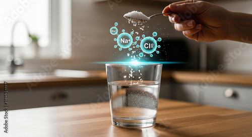 Spoonful of salt crystals, showing na and cl ions, being added to a glass of water, illustrating the chemical composition of salt and its dissolution