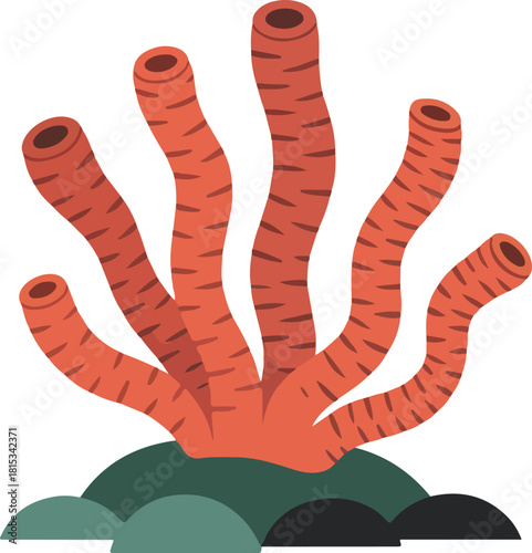 Red tube-like tentacles vector organism with ribbed surface emerging from a dark green mass on black