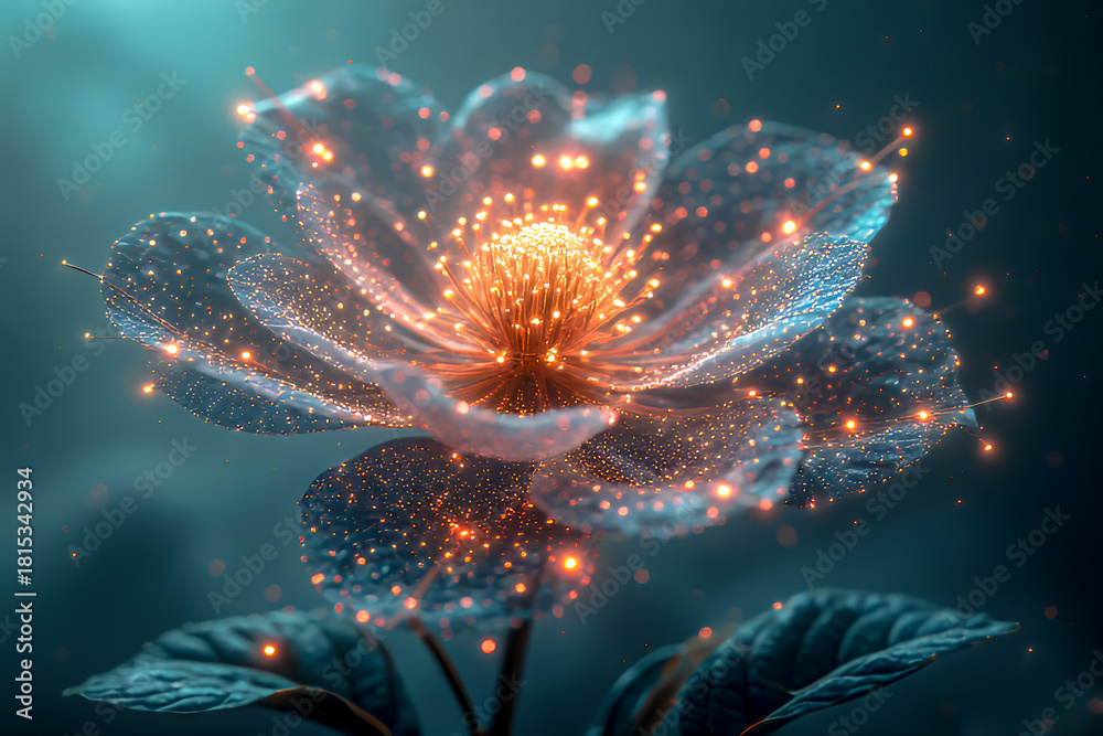 Fototapeta premium A surreal flower whose petals transform into a pattern of transparent circuits and glowing nodes, surrounded by a misty atmosphere. A soft gradient background that changes from emerald to sapphire.
