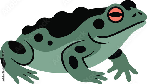 Green frog vector illustration with distinctive red eyes and dark spots, depicted in a climbing posture