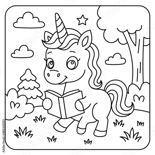 Cute Unicorn Reading Book in a Magical Forest – Line Art Coloring Page