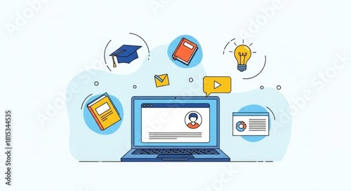 Online Education and Learning Concept with Laptop and Icons.