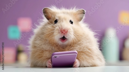 A fluffy beige hamster holds a smartphone while displaying a surprised expression. The humorous pet-centric composition supports playful digital lifestyle, meme, and social content